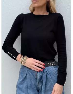 Pull fantaisie, encolure ronde, perles nacrées décoratives, coloris noir,  Molly Bracken - Référence : E998DN