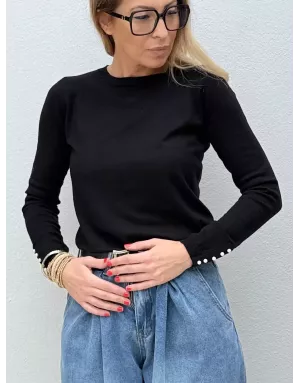 Pull fantaisie, encolure ronde, perles nacrées décoratives, coloris noir,  Molly Bracken - Référence : E998DN