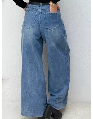 Denim large avec plis Molly Bracken, taille mi-haute, délavage blue denim - Référence : E1749DH