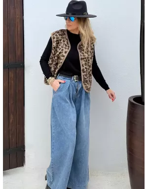 Denim large avec plis Molly Bracken, taille mi-haute, délavage blue denim - Référence : E1749DH