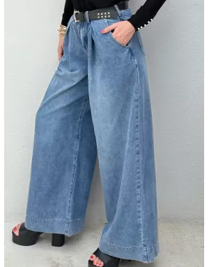 Denim large avec plis Molly Bracken, taille mi-haute, délavage blue denim - Référence : E1749DH