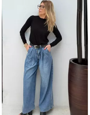 Denim large avec plis Molly Bracken, taille mi-haute, délavage blue denim - Référence : E1749DH