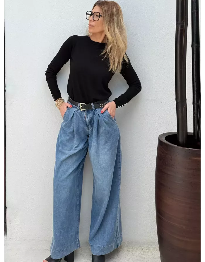 Denim large avec plis Molly Bracken, taille mi-haute, délavage blue denim - Référence : E1749DH