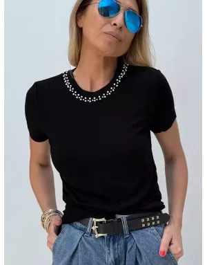 Tee-shirt fantaisie Molly Bracken, col perles, coloris noir - Référence : M154DN