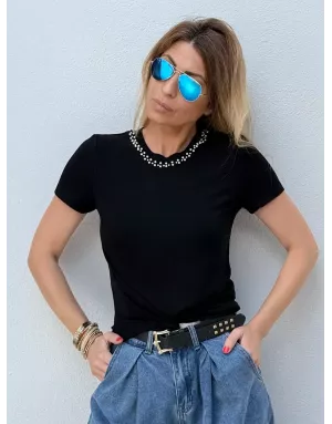 Tee-shirt fantaisie Molly Bracken, col perles, coloris noir - Référence : M154DN