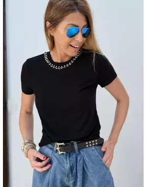 Tee-shirt fantaisie Molly Bracken, col perles, coloris noir - Référence : M154DN