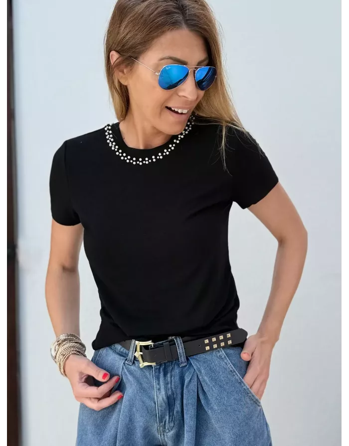 Tee-shirt fantaisie Molly Bracken, col perles, coloris noir - Référence : M154DN