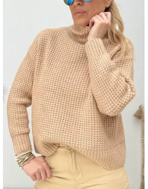 Pull épais, maille tricotée carrée, col cheminée, coloris beige camel, Lili Sidonio - Référence : ML10DH
