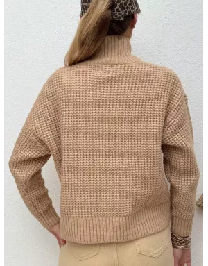 Pull épais, maille tricotée carrée, col cheminée, coloris beige camel, Lili Sidonio - Référence : ML10DH