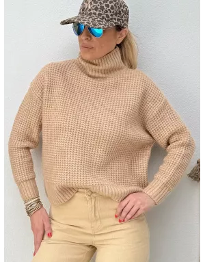 Pull épais, maille tricotée carrée, col cheminée, coloris beige camel, Lili Sidonio - Référence : ML10DH