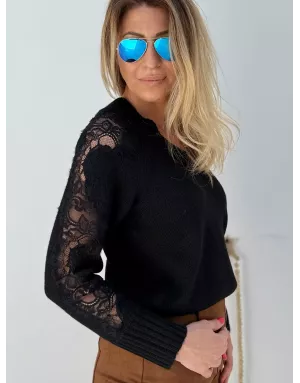 Pull maille avec laine Molly Bracken, manches ajourées insert de dentelle, coloris noir, référence E1740DN