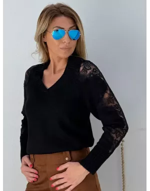 Pull maille avec laine Molly Bracken, manches ajourées insert de dentelle, coloris noir, référence E1740DN