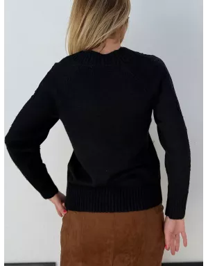 Pull maille avec laine Molly Bracken, manches ajourées insert de dentelle, coloris noir, référence E1740DN