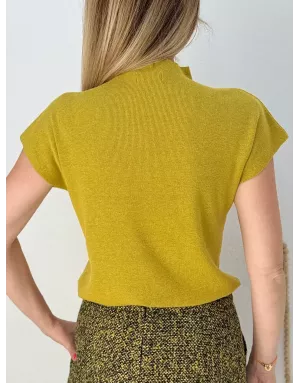 Pull col montant, finement côtelé, manches très courtes, coloris vert lime,  Molly Bracken - Référence : E1616DN