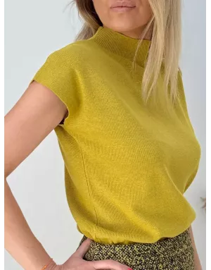 Pull col montant, finement côtelé, manches très courtes, coloris vert lime,  Molly Bracken - Référence : E1616DN