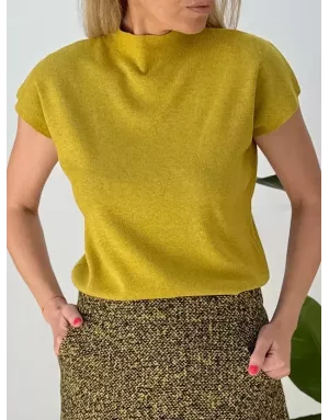 Pull col montant, finement côtelé, manches très courtes, coloris vert lime,  Molly Bracken - Référence : E1616DN