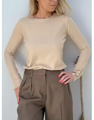 Pull fantaisie, encolure ronde, perles nacrées décoratives, coloris beige,  Molly Bracken - Référence : E998DN beige