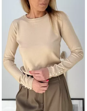 Pull fantaisie, encolure ronde, perles nacrées décoratives, coloris beige,  Molly Bracken - Référence : E998DN beige