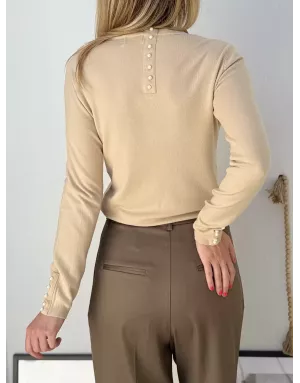 Pull fantaisie, encolure ronde, perles nacrées décoratives, coloris beige,  Molly Bracken - Référence : E998DN beige