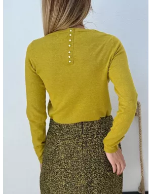 Pull fantaisie, encolure ronde, perles nacrées décoratives, coloris vert lime,  Molly Bracken - Référence : E998DN
