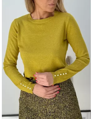 Pull fantaisie, encolure ronde, perles nacrées décoratives, coloris vert lime,  Molly Bracken - Référence : E998DN