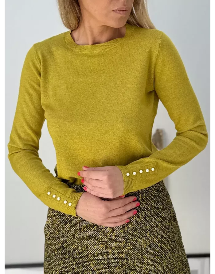 Pull fantaisie, encolure ronde, perles nacrées décoratives, coloris vert lime,  Molly Bracken - Référence : E998DN