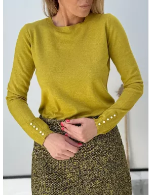Pull fantaisie, encolure ronde, perles nacrées décoratives, coloris vert lime,  Molly Bracken - Référence : E998DN