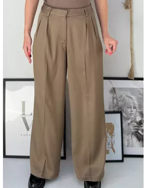Pantalon taille haute, forme large à pinces, Molly Bracken, coloris kaki- Référence : R730DN