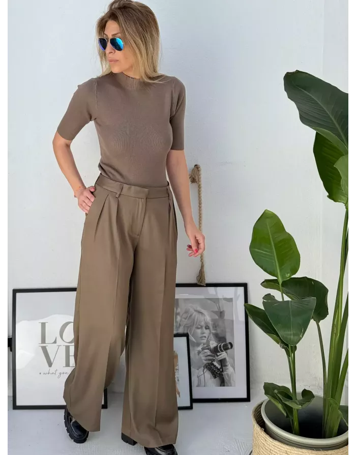 Pantalon taille haute, forme large à pinces, Molly Bracken, coloris kaki- Référence : R730DN