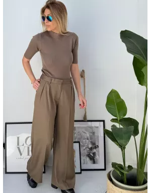 Pantalon taille haute, forme large à pinces, Molly Bracken, coloris kaki- Référence : R730DN