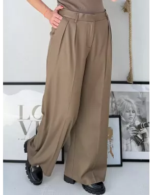 Pantalon taille haute, forme large à pinces, Molly Bracken, coloris kaki- Référence : R730DN