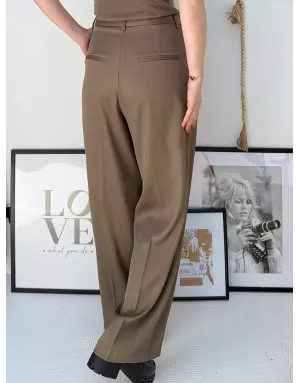 Pantalon taille haute, forme large à pinces, Molly Bracken, coloris kaki- Référence : R730DN