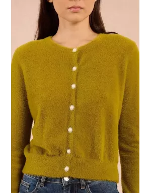 Gilet maille duveteuse Molly Bracken, boutons fantaisies , coloris vert lime- Référence : LA1825DN