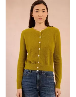 Gilet maille duveteuse Molly Bracken, boutons fantaisies , coloris vert lime- Référence : LA1825DN