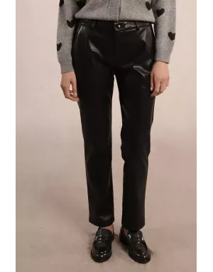 Pantalon droit en similicuir Molly Bracken, taille semi haute, couleur noir - Référence : T1502DH