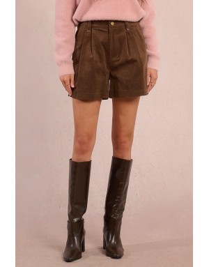 Short velours côtelé Molly Bracken, taille haute, arrière élastique, coloris marron - Référence : T2081DH