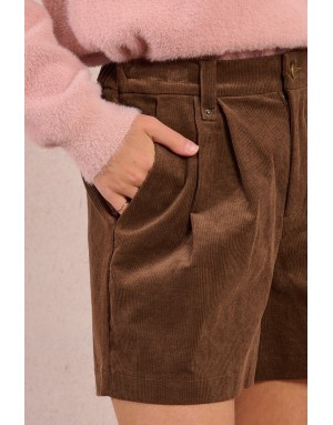 Short velours côtelé Molly Bracken, taille haute, arrière élastique, coloris marron - Référence : T2081DH