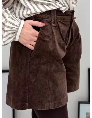 Short velours côtelé Molly Bracken, taille haute, arrière élastique, coloris marron - Référence : T2081DH