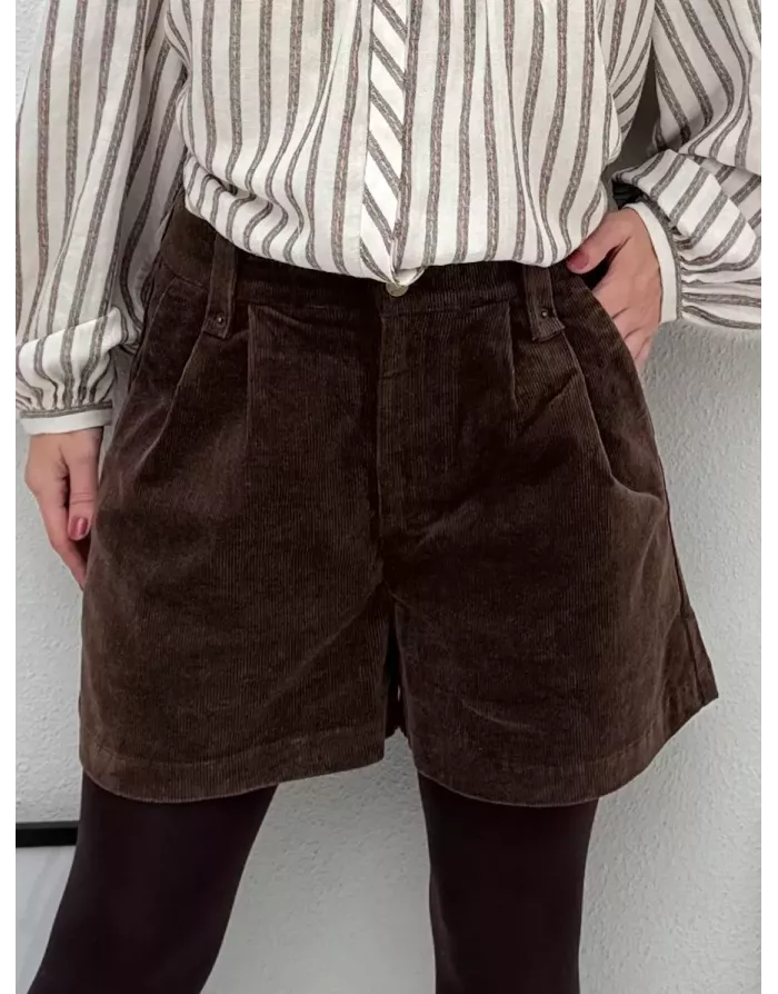 Short velours côtelé Molly Bracken, taille haute, arrière élastique, coloris marron - Référence : T2081DH