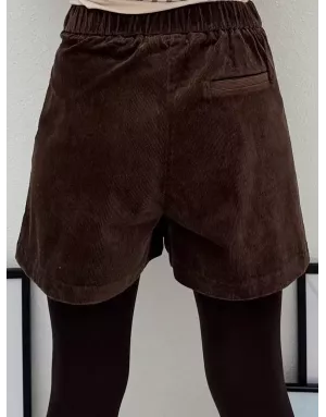 Short velours côtelé Molly Bracken, taille haute, arrière élastique, coloris marron - Référence : T2081DH