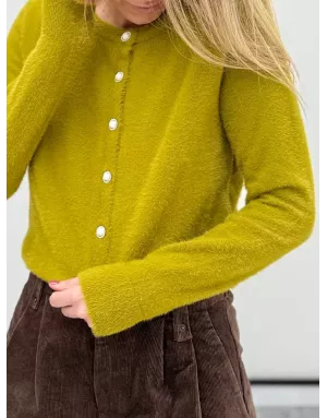Gilet maille duveteuse Molly Bracken, boutons fantaisies , coloris vert lime- Référence : LA1825DN
