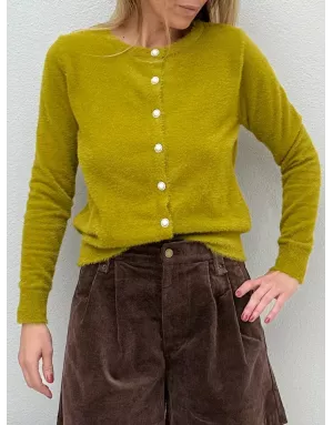Gilet maille duveteuse Molly Bracken, boutons fantaisies , coloris vert lime- Référence : LA1825DN