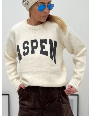 Pull maille épaisse, imprimé ASPEN poitrine, Lili Sidonio pour Molly Bracken, coloris blanc cassé - Référence :LAL615DH