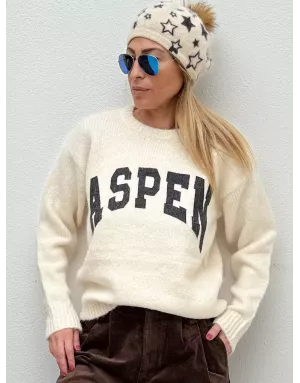 Pull maille épaisse, imprimé ASPEN poitrine, Lili Sidonio pour Molly Bracken, coloris blanc cassé - Référence :LAL615DH