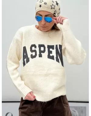 Pull maille épaisse, imprimé ASPEN poitrine, Lili Sidonio pour Molly Bracken, coloris blanc cassé - Référence :LAL615DH
