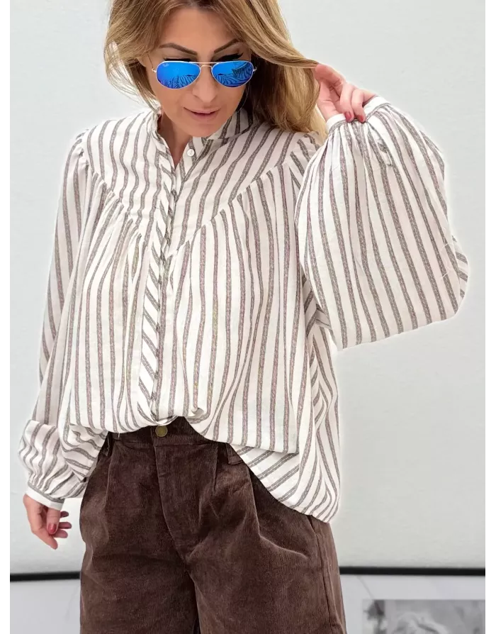 Blouse oversize rayée Molly Bracken, style lin, coloris blanc cassé - Référence : LAL587DN