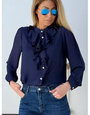 Chemise fluide Molly Bracken, col jabot, coloris Navy - Référence : G953DN