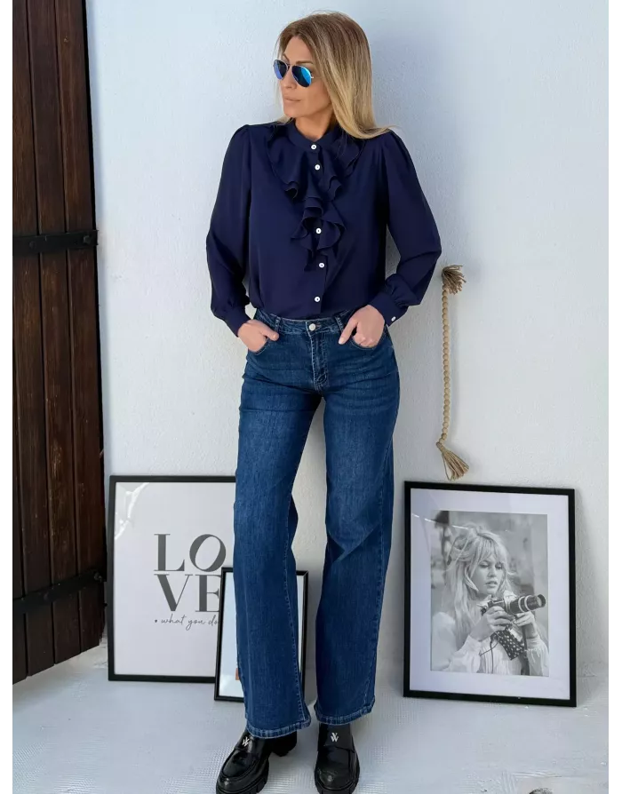 Chemise fluide Molly Bracken, col jabot, coloris Navy - Référence : G953DN
