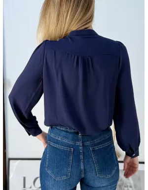 Chemise fluide Molly Bracken, col jabot, coloris Navy - Référence : G953DN
