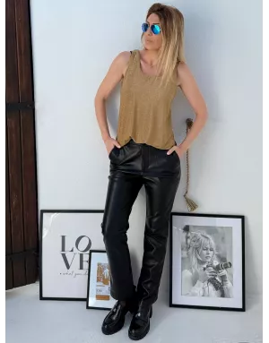 Pantalon droit en similicuir Molly Bracken, taille semi haute, couleur noir - Référence : T1502DH
